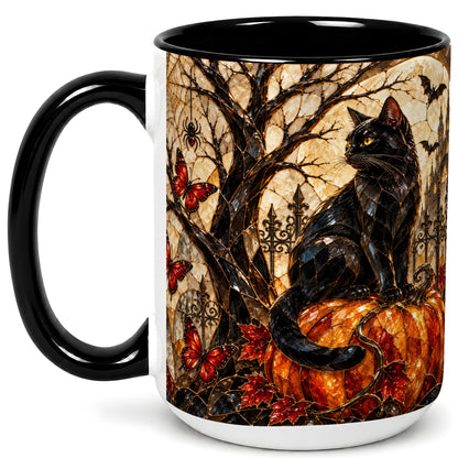 #pl[15oz|Black] Black Cat Halloween Coffee Mug, Gothic Mosaic Mug, Ceramic Cup