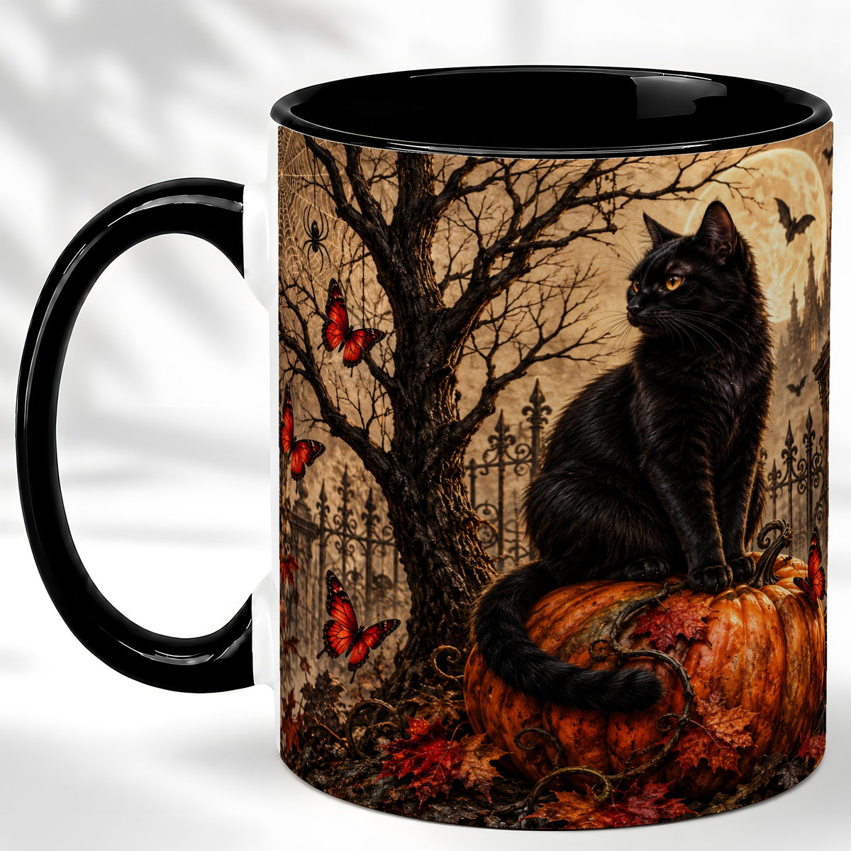 #pl[11oz|Black] Black Cat Halloween Coffee Mug, Rustic Pumpkin Mug, Ceramic Cup