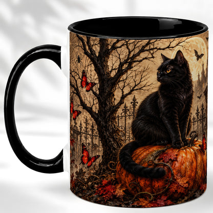 #pl[11oz|Black] Black Cat Halloween Coffee Mug, Rustic Pumpkin Mug, Ceramic Cup