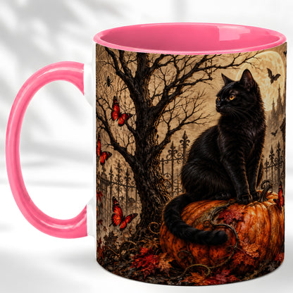 #pl[11oz|Pink] Black Cat Halloween Coffee Mug, Rustic Pumpkin Mug, Ceramic Cup