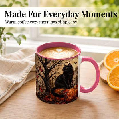 #pl[11oz|Pink] Black Cat Halloween Coffee Mug, Rustic Pumpkin Mug, Ceramic Cup