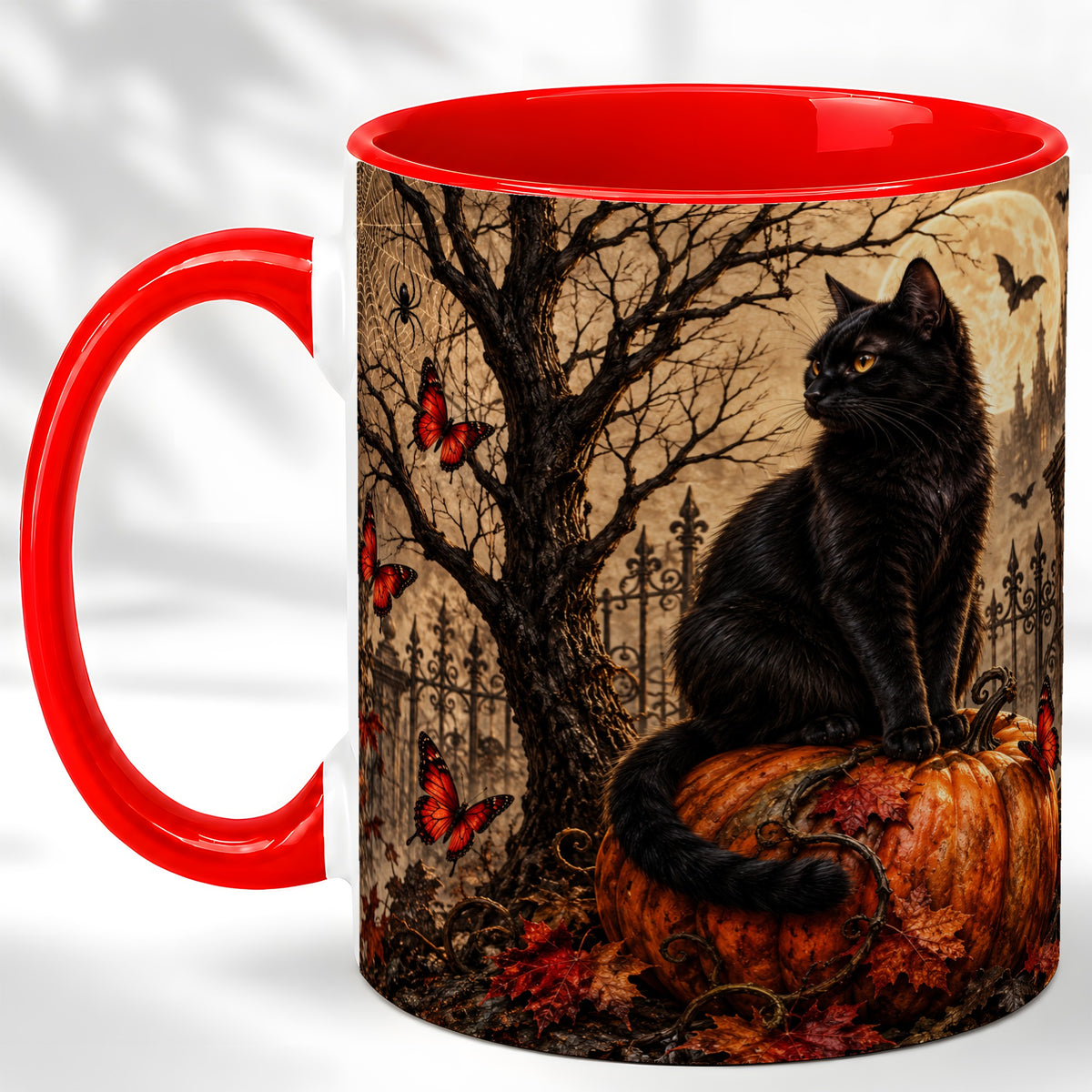 Black Cat Halloween Coffee Mug, Rustic Pumpkin Mug, Ceramic Cup