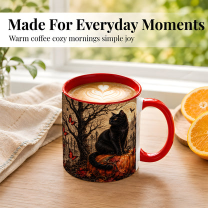 #pl[11oz|Red] Black Cat Halloween Coffee Mug, Rustic Pumpkin Mug, Ceramic Cup