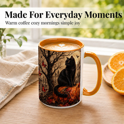 #pl[15oz|Orange] Black Cat Halloween Coffee Mug, Rustic Pumpkin Mug, Ceramic Cup