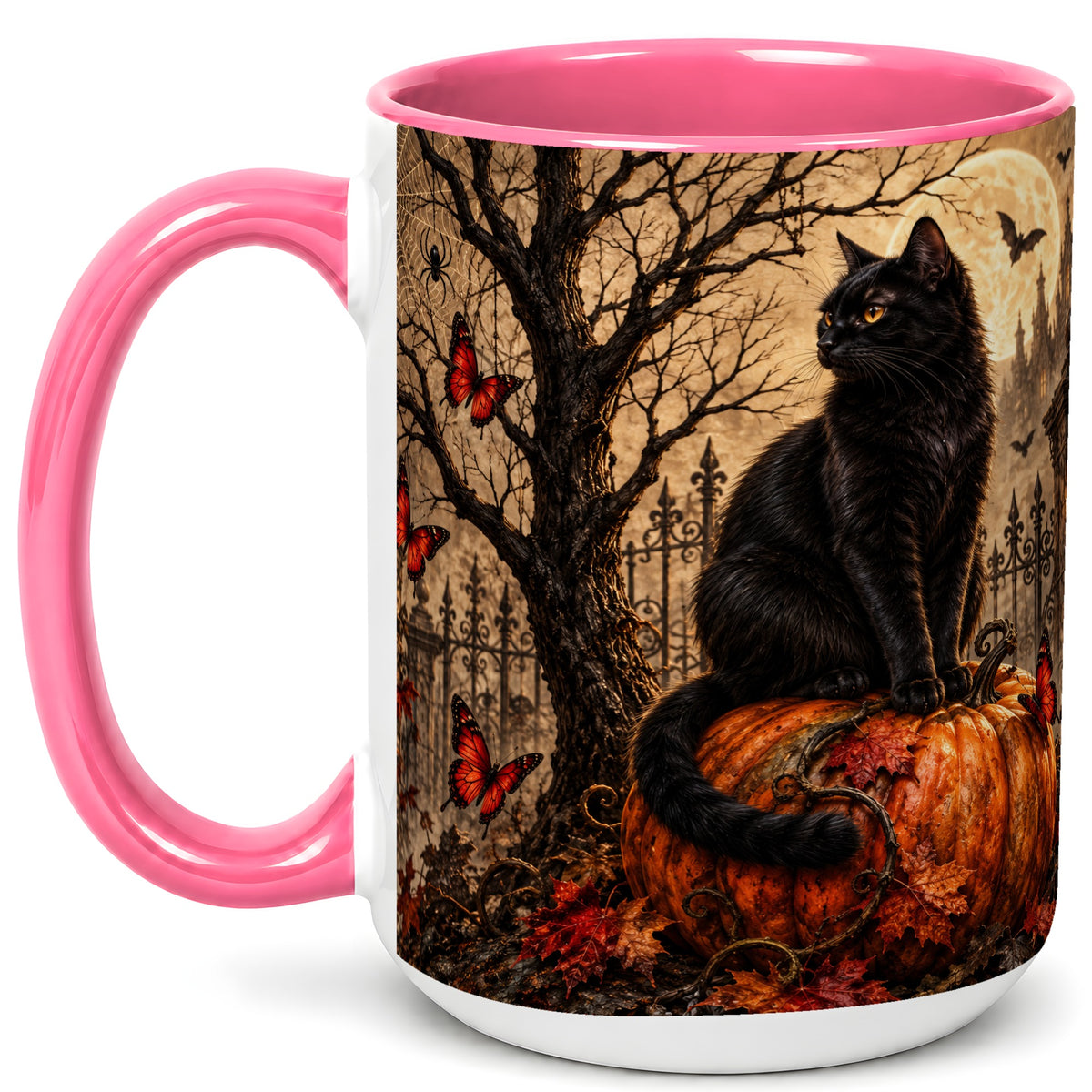#pl[15oz|Pink] Black Cat Halloween Coffee Mug, Rustic Pumpkin Mug, Ceramic Cup
