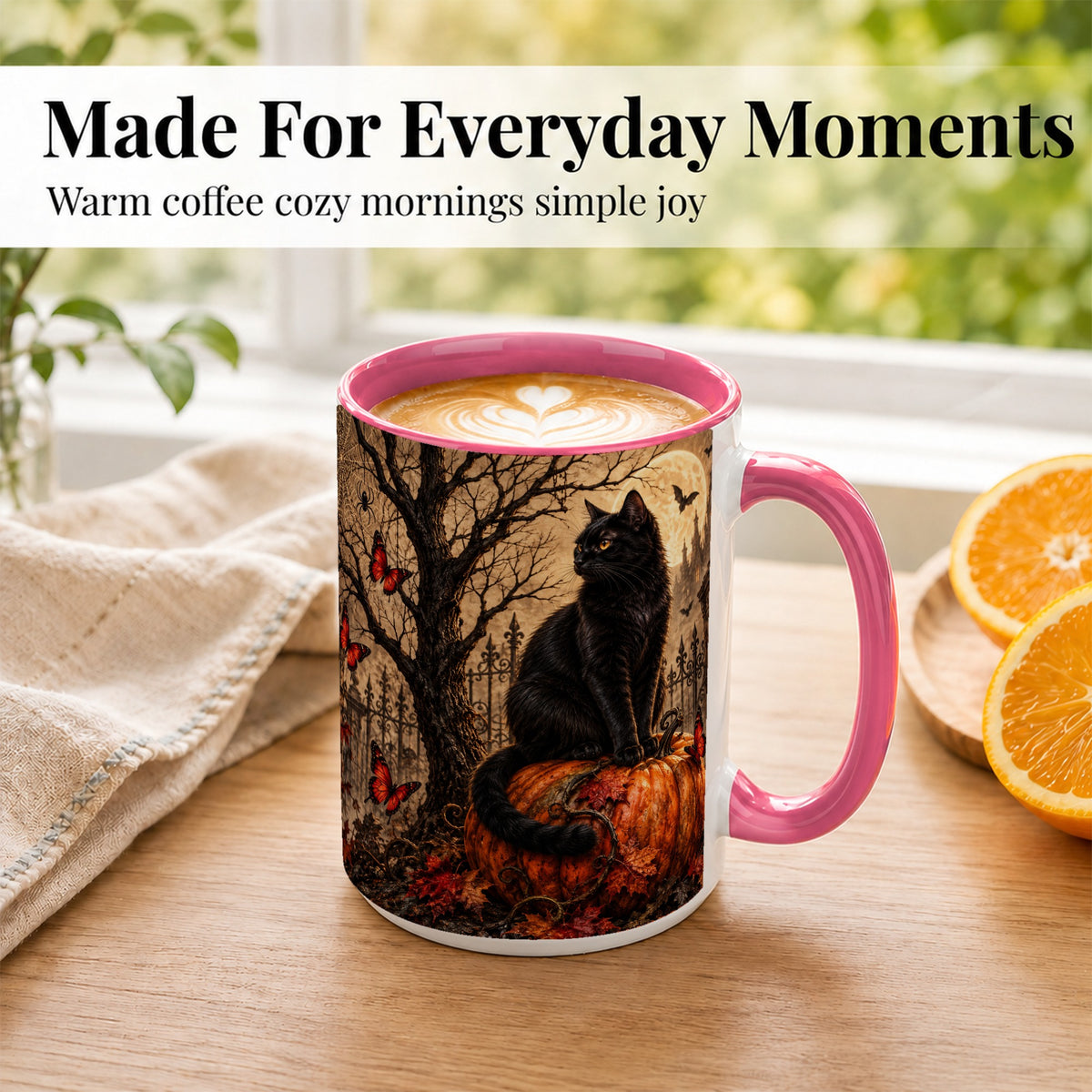 #pl[15oz|Pink] Black Cat Halloween Coffee Mug, Rustic Pumpkin Mug, Ceramic Cup