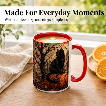 #pl[15oz|Red] Black Cat Halloween Coffee Mug, Rustic Pumpkin Mug, Ceramic Cup