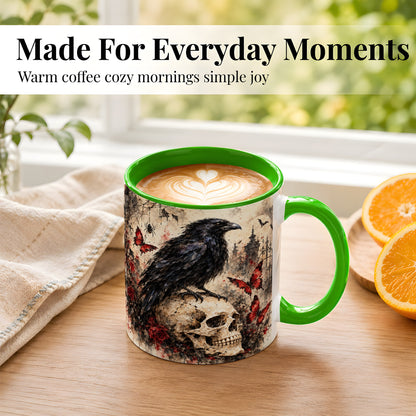 #pl[11oz|Green] Gothic Raven Coffee Mug, Skull and Roses Mug, Ceramic Cup for Halloween