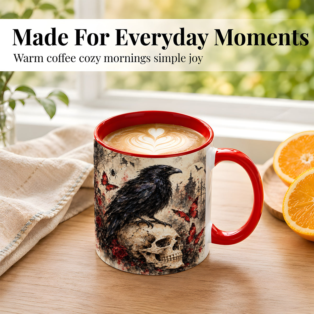 #pl[11oz|Red] Gothic Raven Coffee Mug, Skull and Roses Mug, Ceramic Cup for Halloween