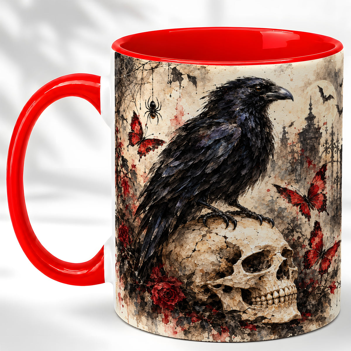 Gothic Raven Coffee Mug, Skull and Roses Mug, Ceramic Cup for Halloween