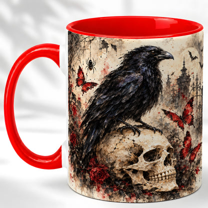 Gothic Raven Coffee Mug, Skull and Roses Mug, Ceramic Cup for Halloween