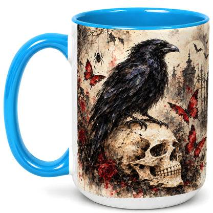 #pl[15oz|Blue] Gothic Raven Coffee Mug, Skull and Roses Mug, Ceramic Cup for Halloween