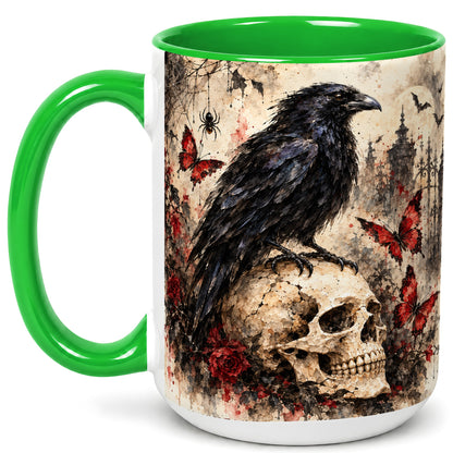 #pl[15oz|Green] Gothic Raven Coffee Mug, Skull and Roses Mug, Ceramic Cup for Halloween