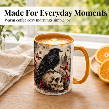 #pl[15oz|Orange] Gothic Raven Coffee Mug, Skull and Roses Mug, Ceramic Cup for Halloween
