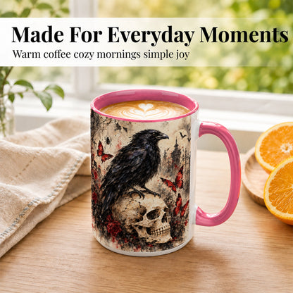 #pl[15oz|Pink] Gothic Raven Coffee Mug, Skull and Roses Mug, Ceramic Cup for Halloween