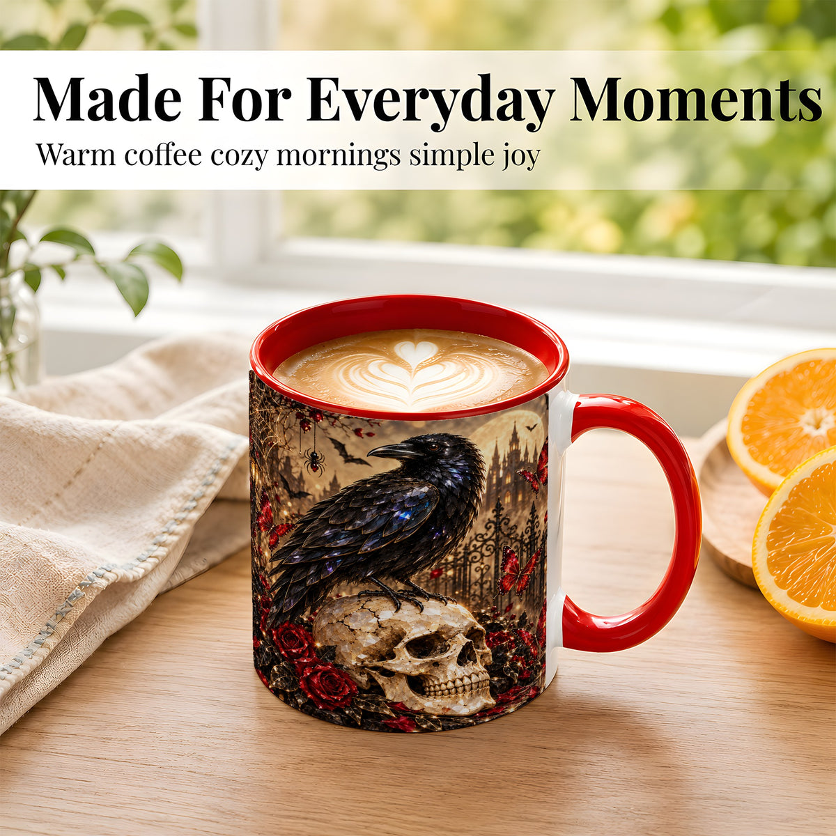 #pl[11oz|Red] Crystal Raven Coffee Mug, Gothic Skull Mug, Ceramic Cup for Halloween