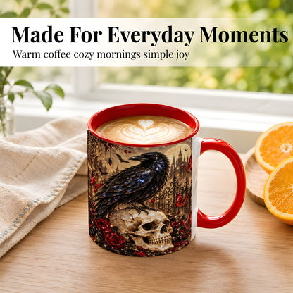 #pl[11oz|Red] Crystal Raven Coffee Mug, Gothic Skull Mug, Ceramic Cup for Halloween