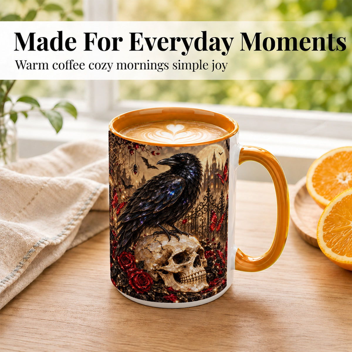 #pl[15oz|Orange] Crystal Raven Coffee Mug, Gothic Skull Mug, Ceramic Cup for Halloween