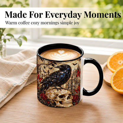 #pl[11oz|Black] Stained Glass Raven Coffee Mug, Gothic Skull Mug, Ceramic Cup for Fall