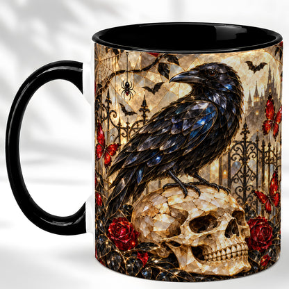 #pl[11oz|Black] Stained Glass Raven Coffee Mug, Gothic Skull Mug, Ceramic Cup for Fall