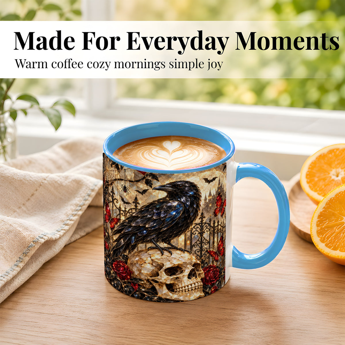 #pl[11oz|Blue] Stained Glass Raven Coffee Mug, Gothic Skull Mug, Ceramic Cup for Fall