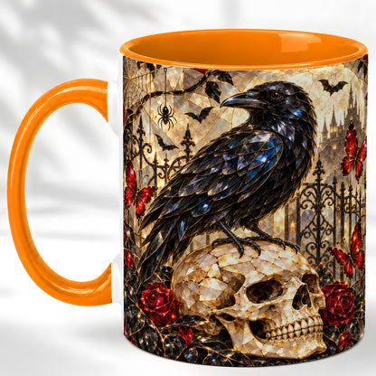 #pl[11oz|Orange] Stained Glass Raven Coffee Mug, Gothic Skull Mug, Ceramic Cup for Fall