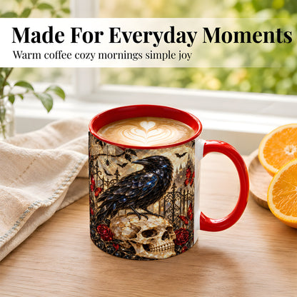 #pl[11oz|Red] Stained Glass Raven Coffee Mug, Gothic Skull Mug, Ceramic Cup for Fall