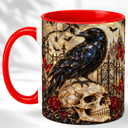 Stained Glass Raven Coffee Mug, Gothic Skull Mug, Ceramic Cup for Fall