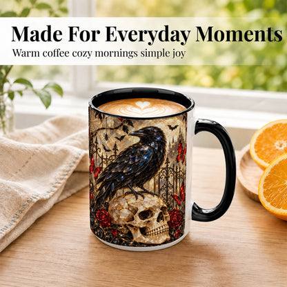 #pl[15oz|Black] Stained Glass Raven Coffee Mug, Gothic Skull Mug, Ceramic Cup for Fall