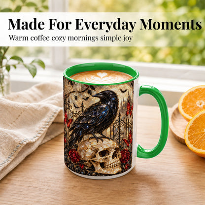 #pl[15oz|Green] Stained Glass Raven Coffee Mug, Gothic Skull Mug, Ceramic Cup for Fall