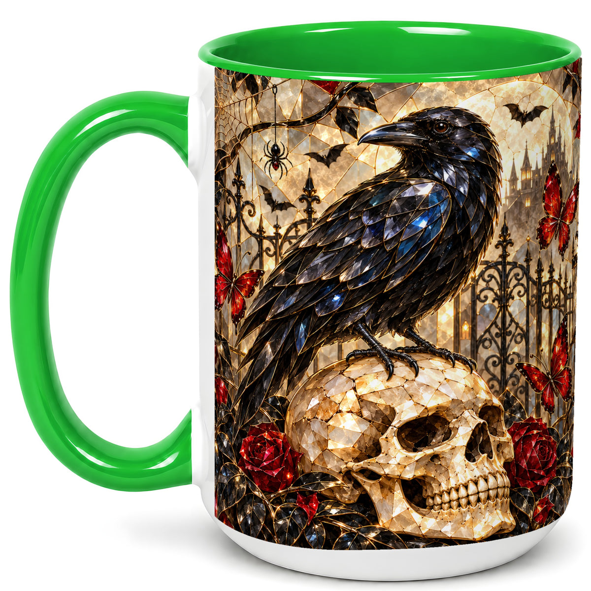#pl[15oz|Green] Stained Glass Raven Coffee Mug, Gothic Skull Mug, Ceramic Cup for Fall