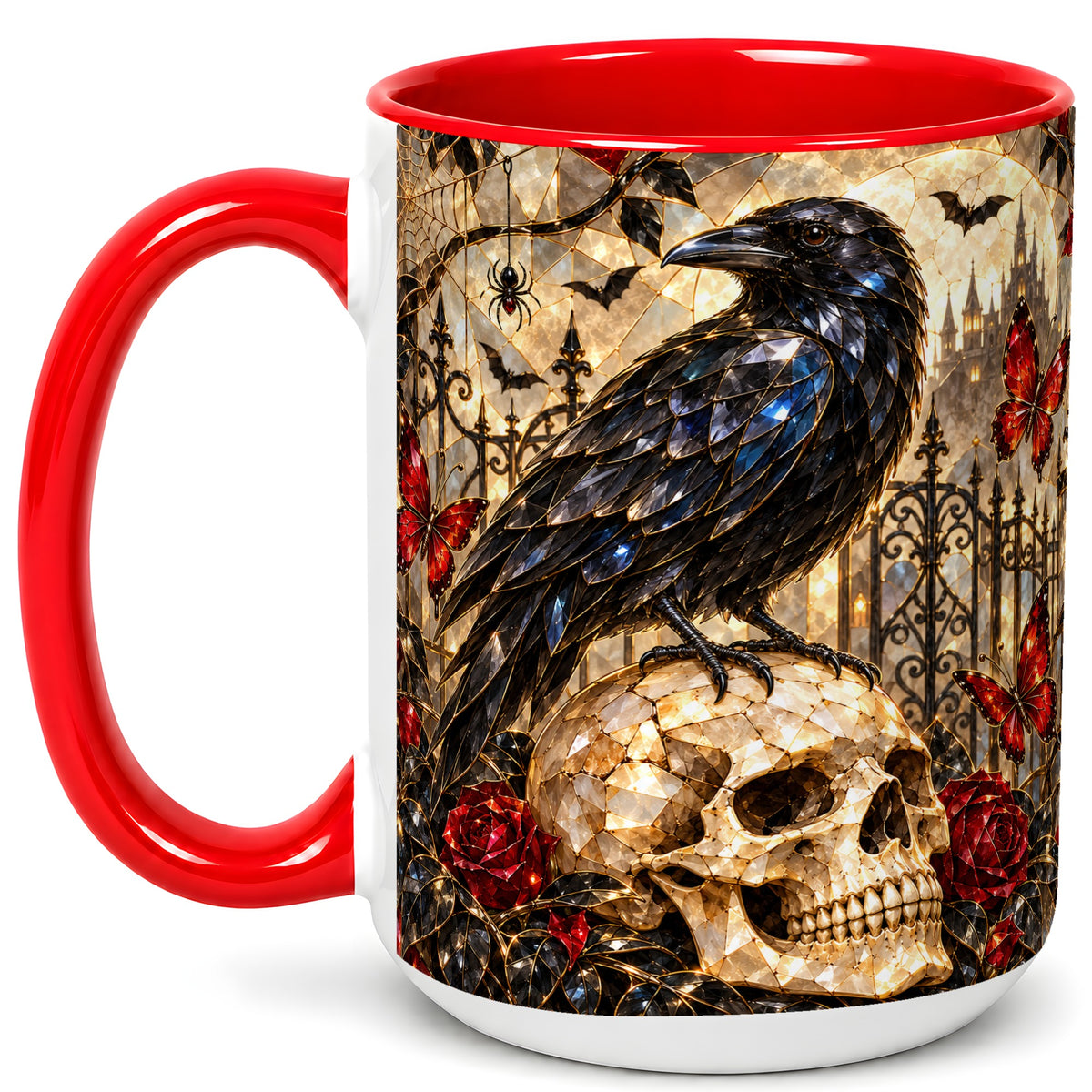 #pl[15oz|Red] Stained Glass Raven Coffee Mug, Gothic Skull Mug, Ceramic Cup for Fall