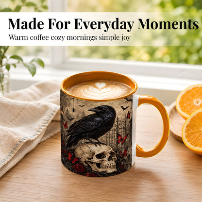 #pl[11oz|Orange] Vintage Gothic Raven Coffee Mug, Skull and Roses Mug, Ceramic Cup
