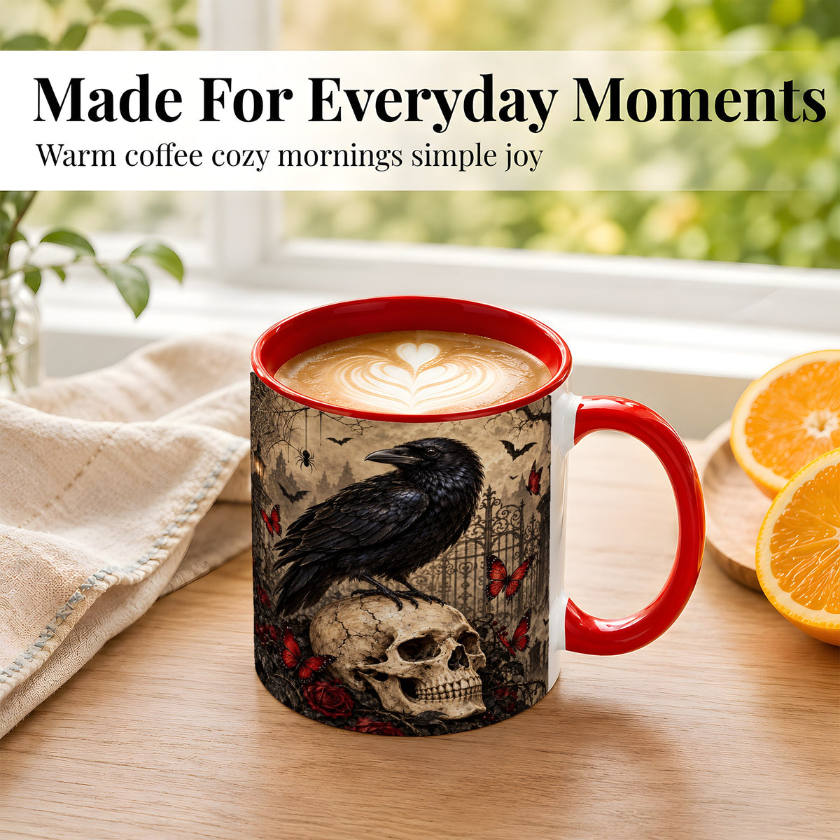#pl[11oz|Red] Vintage Gothic Raven Coffee Mug, Skull and Roses Mug, Ceramic Cup