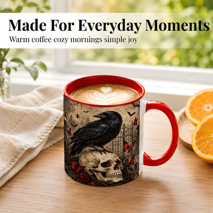 #pl[11oz|Red] Vintage Gothic Raven Coffee Mug, Skull and Roses Mug, Ceramic Cup