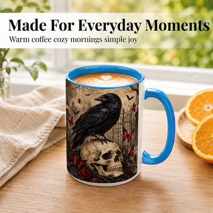 #pl[15oz|Blue] Vintage Gothic Raven Coffee Mug, Skull and Roses Mug, Ceramic Cup