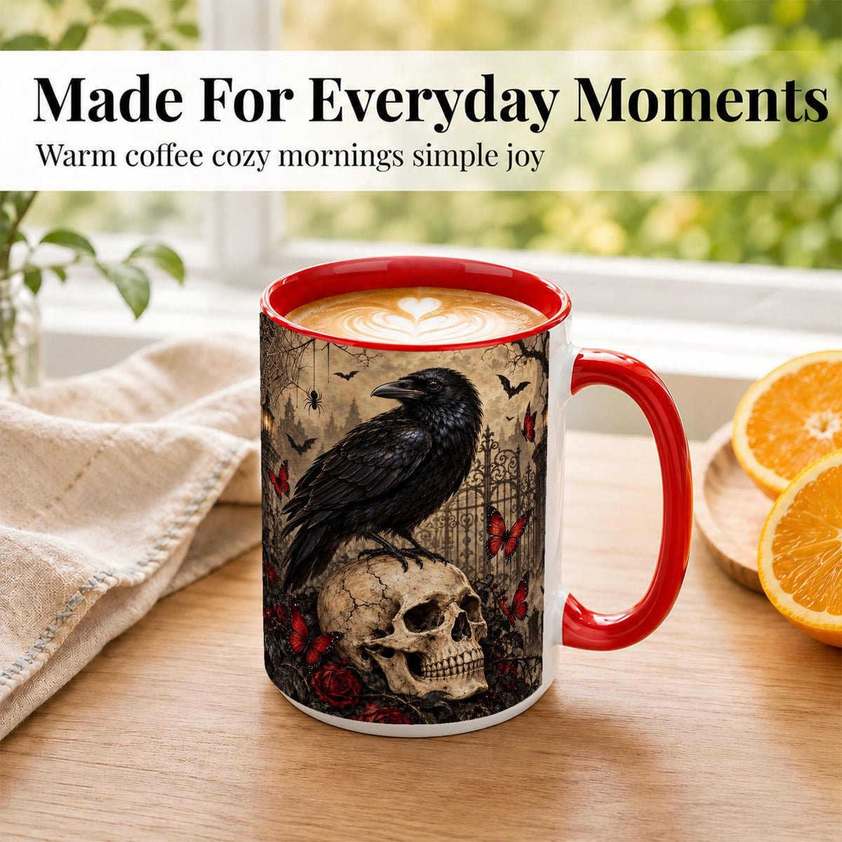 #pl[15oz|Red] Vintage Gothic Raven Coffee Mug, Skull and Roses Mug, Ceramic Cup