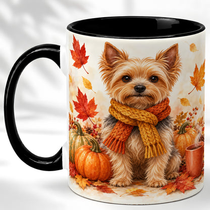 #pl[11oz|Black] Yorkie Autumn Coffee Mug, Fall Puppy Mug, Ceramic Cup with Pumpkin Art