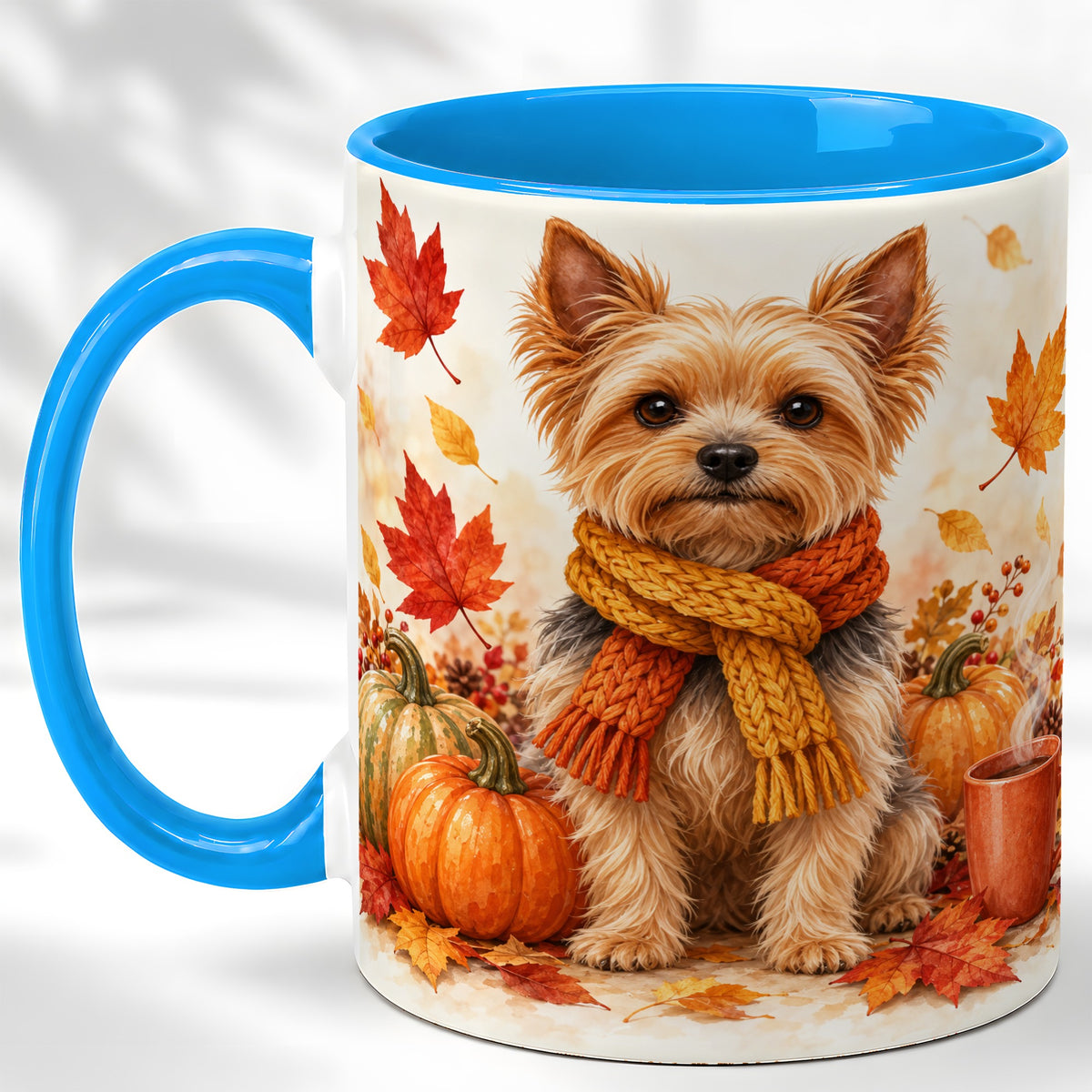 #pl[11oz|Blue] Yorkie Autumn Coffee Mug, Fall Puppy Mug, Ceramic Cup with Pumpkin Art