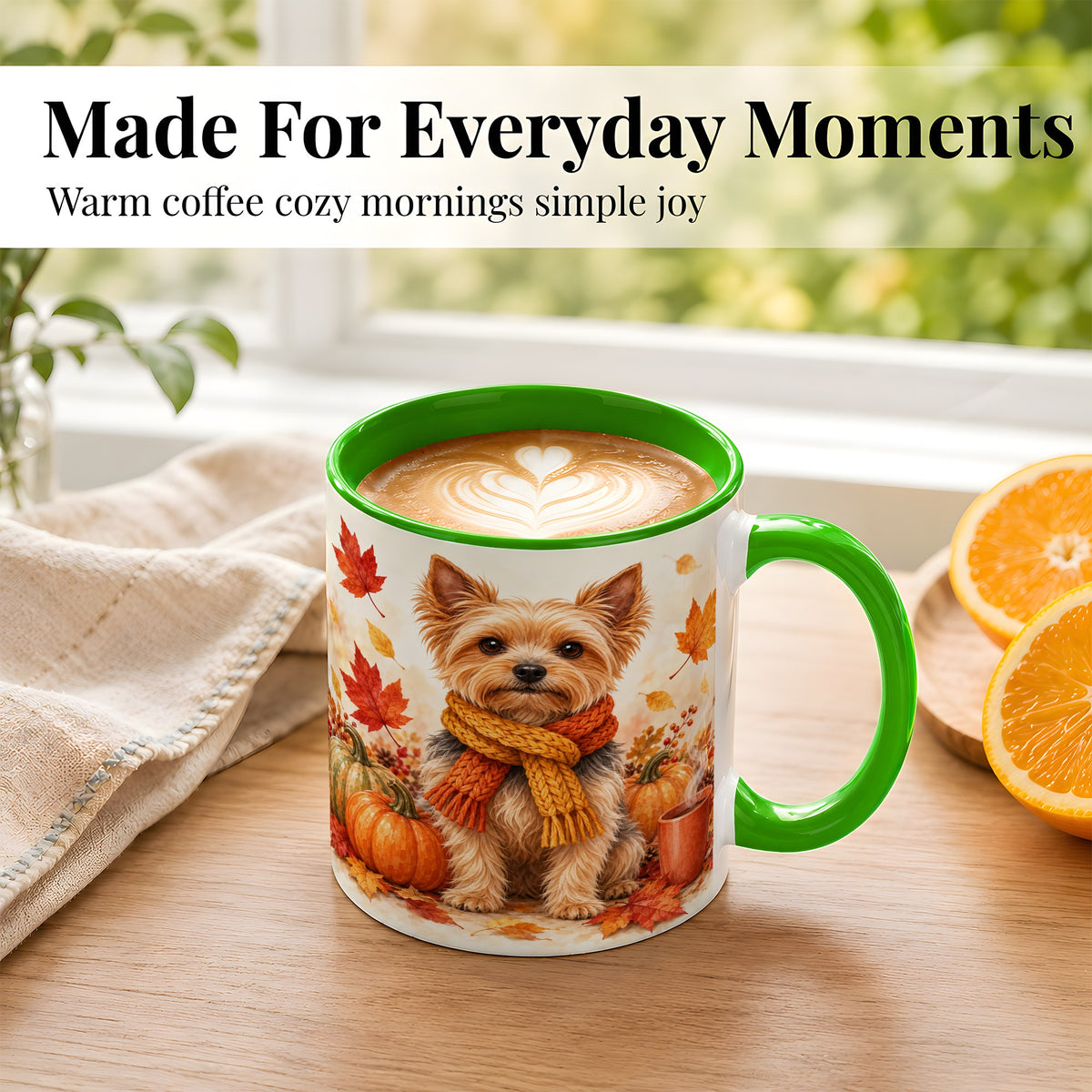 #pl[11oz|Green] Yorkie Autumn Coffee Mug, Fall Puppy Mug, Ceramic Cup with Pumpkin Art
