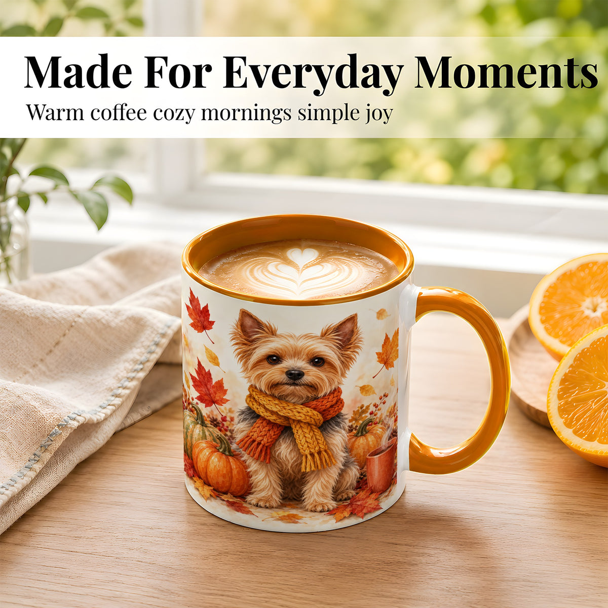 #pl[11oz|Orange] Yorkie Autumn Coffee Mug, Fall Puppy Mug, Ceramic Cup with Pumpkin Art
