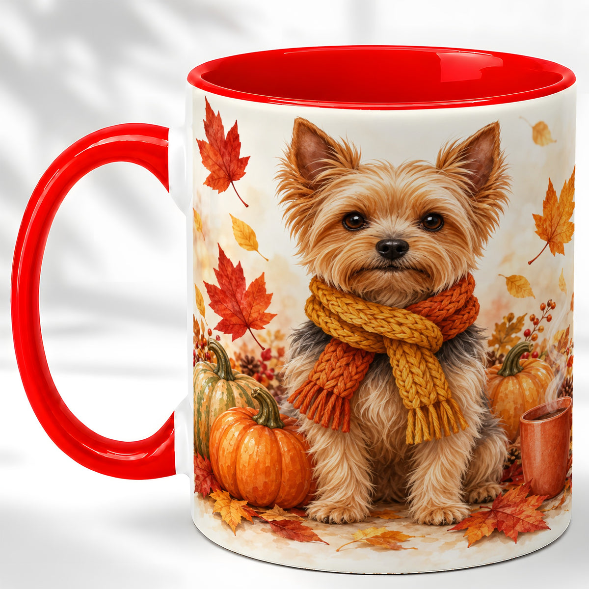 Yorkie Autumn Coffee Mug, Fall Puppy Mug, Ceramic Cup with Pumpkin Art