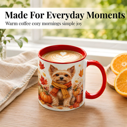 #pl[11oz|Red] Yorkie Autumn Coffee Mug, Fall Puppy Mug, Ceramic Cup with Pumpkin Art