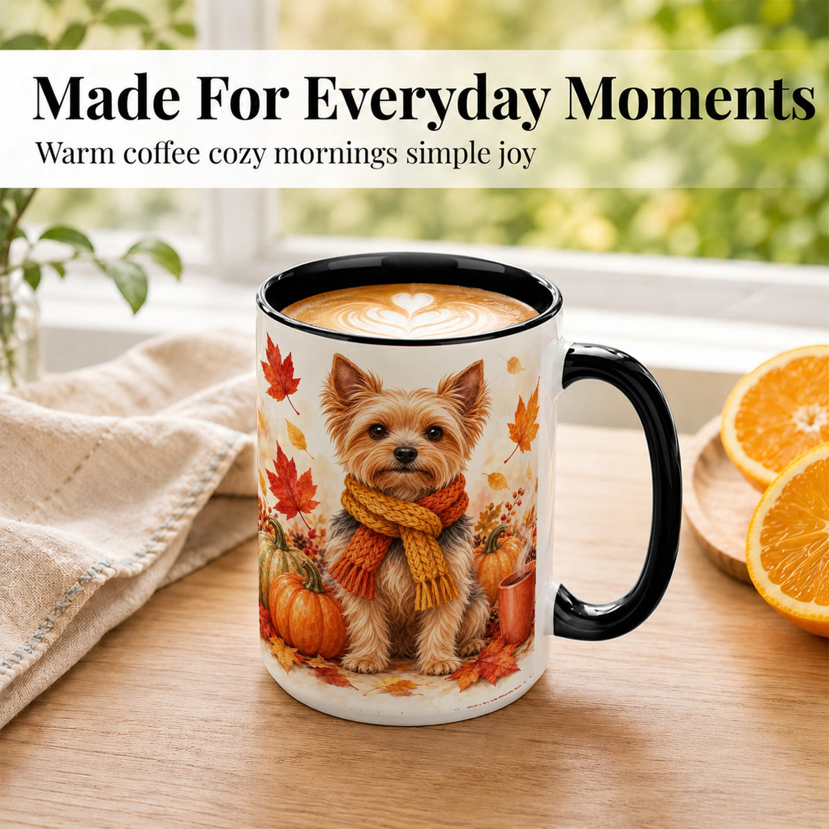 #pl[15oz|Black] Yorkie Autumn Coffee Mug, Fall Puppy Mug, Ceramic Cup with Pumpkin Art