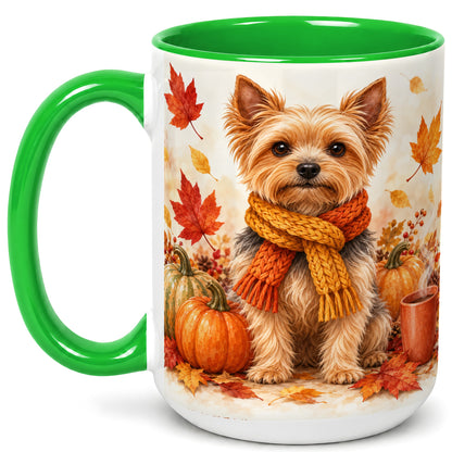 #pl[15oz|Green] Yorkie Autumn Coffee Mug, Fall Puppy Mug, Ceramic Cup with Pumpkin Art