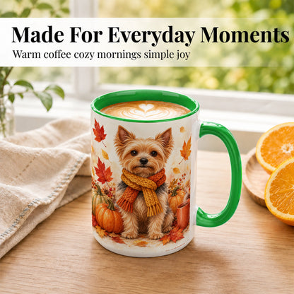 #pl[15oz|Green] Yorkie Autumn Coffee Mug, Fall Puppy Mug, Ceramic Cup with Pumpkin Art