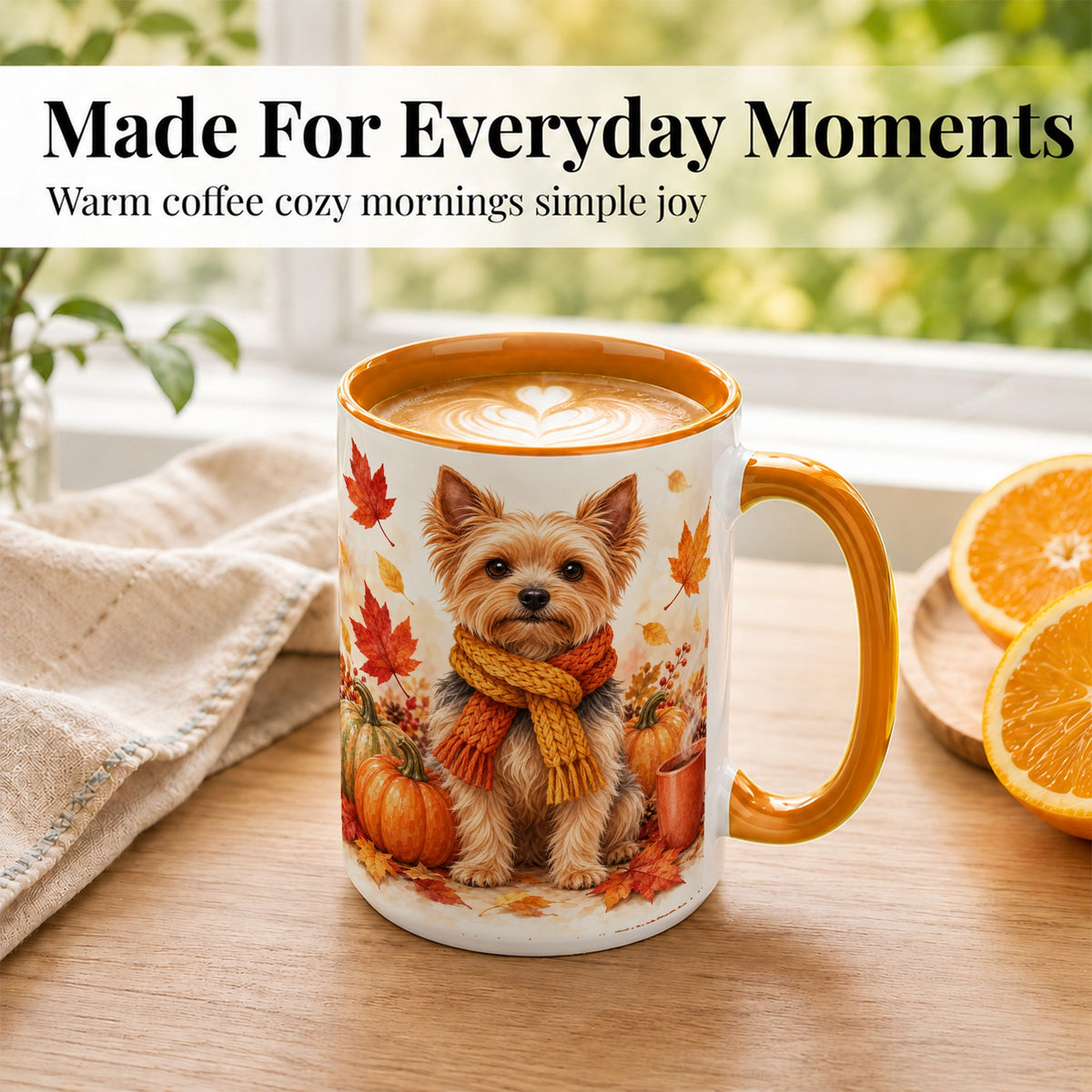 #pl[15oz|Orange] Yorkie Autumn Coffee Mug, Fall Puppy Mug, Ceramic Cup with Pumpkin Art