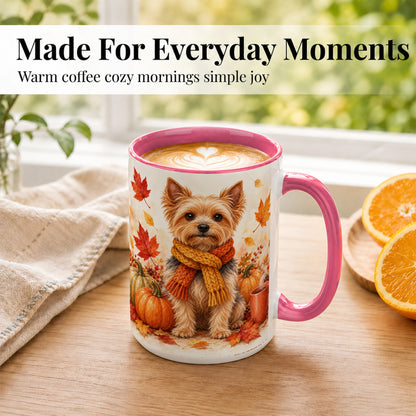#pl[15oz|Pink] Yorkie Autumn Coffee Mug, Fall Puppy Mug, Ceramic Cup with Pumpkin Art