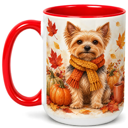 #pl[15oz|Red] Yorkie Autumn Coffee Mug, Fall Puppy Mug, Ceramic Cup with Pumpkin Art