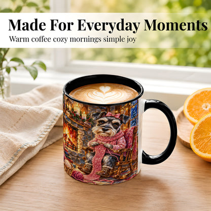 #pl[11oz|Black] Schnauzer Knitting Coffee Mug, Cozy Winter Dog Mug, Ceramic Cup